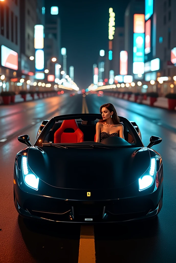 Envision a glamorous night where a beautiful woman, donned in a shoulder-less party dress with clip-in bangs and a great physique, takes the wheel of a sleek Black Ferrari. Navigate through the vibrant city streets, alive with people and framed by towering skyscrapers. Capture the moment from a high-angle perspective, directly above and in front of the woman, as she confidently drives the open-roof Ferrari. The city lights cast a shimmering glow, reflecting on the car's polished surface, while the bustling street below sets the stage for an unforgettable night. Craft a real-life scene in high-definition, emphasizing the fusion of elegance, power, and urban allure. This prompt invites you to create a visually stunning tableau of a woman in her element, driving through the city in style under the midnight lights.