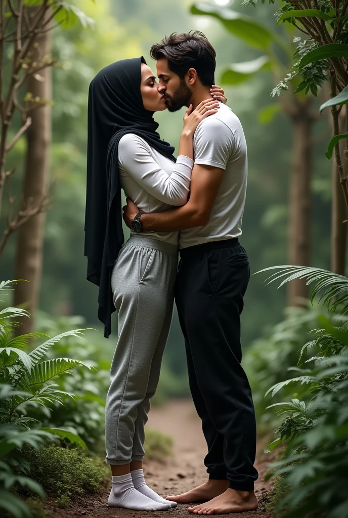 with black headscarf, white long sleeve t shirt, grey sweatpants, white socks, Sexy woman without shoes kissing a man in the garden.