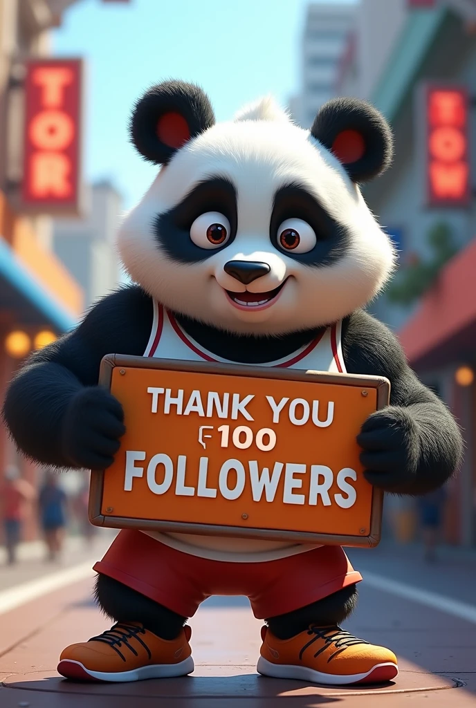 Rude sporty animated panda with a sign in his hands that says Thank you for 100 followers