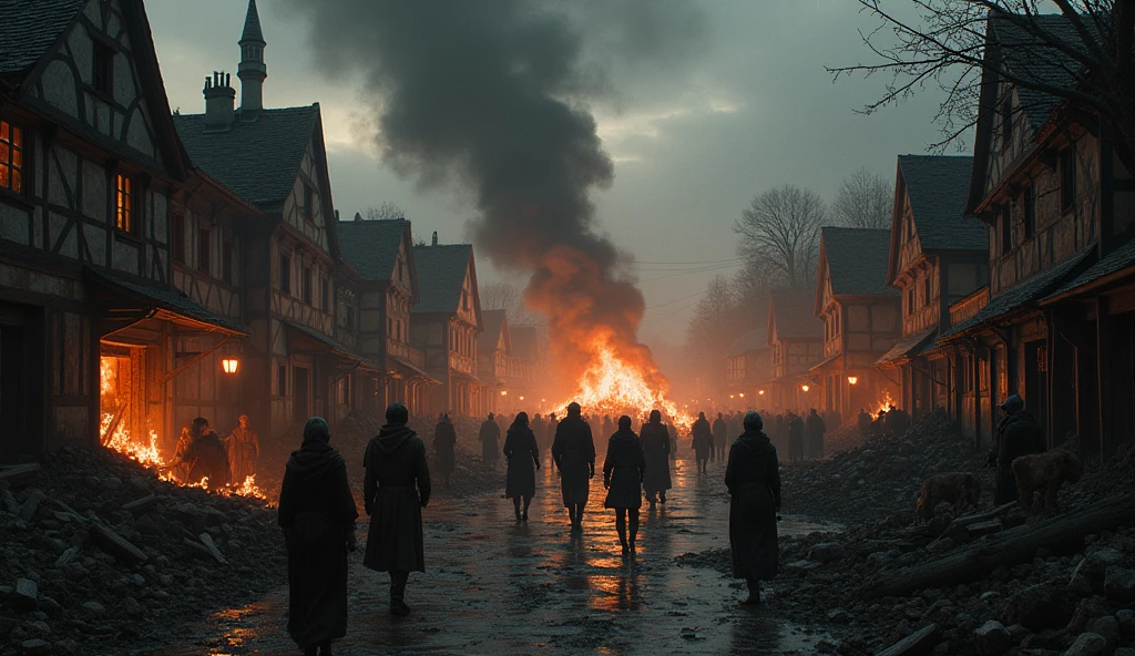 A dramatic illustration capturing a small medieval French town ravaged by the Hundred Years' War. The scene reveals crumbling buildings and smoldering ruins, with smoke and flames rising from the remnants of homes and market stalls. Civilians, some in tattered clothing, wander amidst the devastation, their faces etched with fear and despair. The dark, oppressive sky and flickering firelight create a stark contrast with the shadowed figures of townsfolk. The scene is bathed in a somber, cinematic light, enhancing the brutal impact of the conflict on medieval urban life. The intricate, evocative style of Edmund Blair Leighton lends a poignant, atmospheric quality, underscoring the suffering and chaos wrought by war., Surrealism, Hyperrealism, UHD, retina, masterpiece, accurate, anatomically correct, textured skin, super detail, best quality, 16k