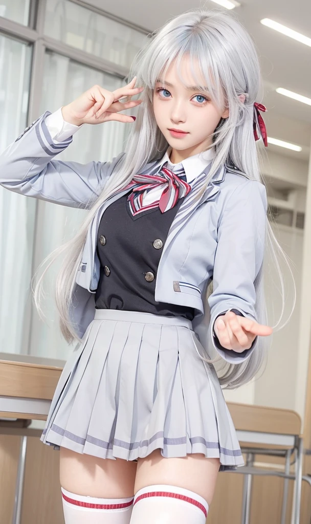 1 girl, silver hair, light blue eyes, school uniform, wearing white stockings, detailed, beautiful, realistic