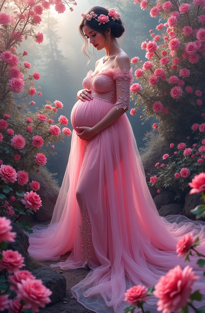 pregnant woman in pink dress standing in front of flowers, a colorized photo by Elena Guro, pexels, baroque, dressed in a pink dress, wearing pink floral gown, in pink forest, maternal photography 4 k, brilliant pink ball gown, wearing organza gown, queen of flowers, covered with flowers, fantasy photoshoot, * colour splash *