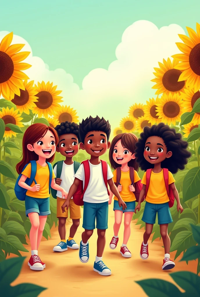 vector, Dominican children, white children brown hair, back to school, sunflowers, school