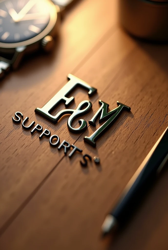 (photorealism:1.2), logotype, E & M Support LLC, the firm is doing management and enterprising support, logo on wood, the watch on the background