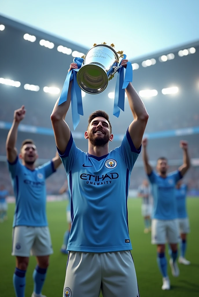 Messi levantando la premier league con el Manchester city