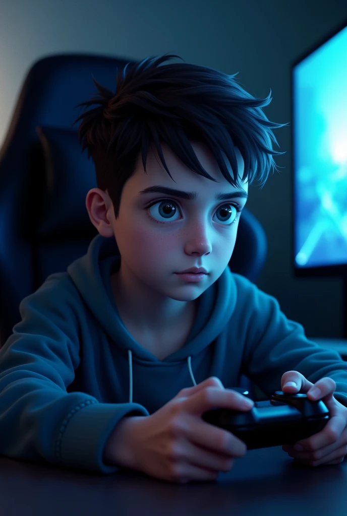 Gamer looking at the screen, with a gaming chair and a video game. Person with their face facing the screen