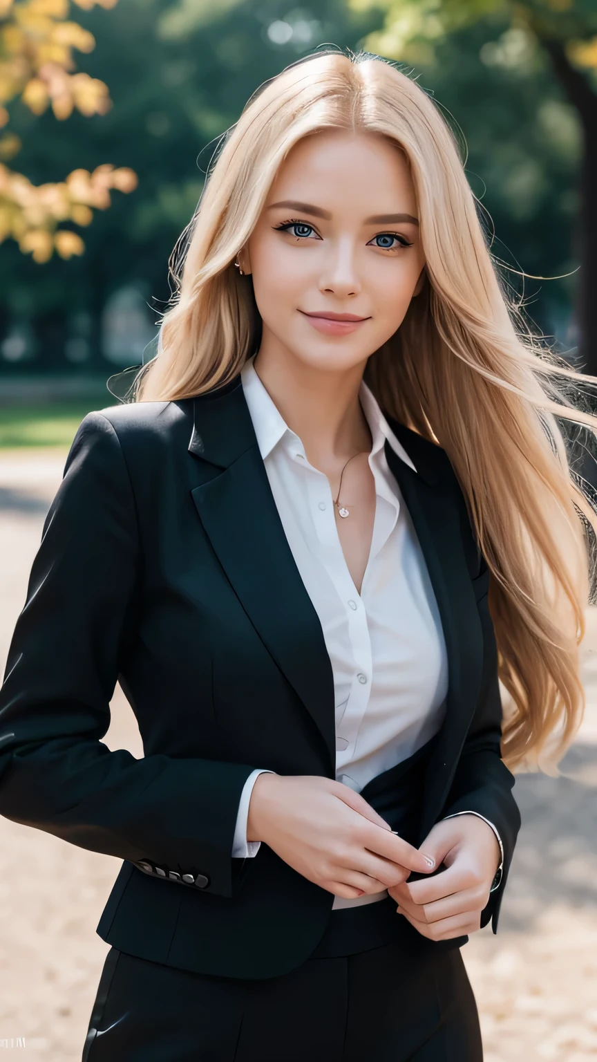 Realistic full body photo of a smiling, beautiful blonde business woman with long hair, She dances in front of the camera in a black elegant suit with a pink shirt ...., fine fabrics, Park,glamour fotoshooting, Park, perfect anatomy, perfect blue eyes. Perfect hands with 5 fingers on each hand, Suitable woman, looking at the camera, 1 Frau. (Eye make up:1.1), (highly detailed skin:1.1), spirit, analog style, keen focus, 8K UHD, dslr, good quality, Fujifilm XT3, Grain, Award-winning, masterpiece. Park
