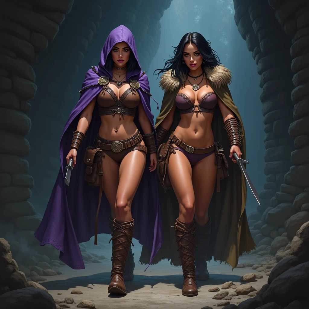 Nisha and Cree explore a dungeon together. Nisha is A female ranger wearing brown leathers with a purple hood, detailed yellow eyes, purple lipstick, short black hair swept back and tied back, She has an intense dangerous expression and smile, she holds a pair of small hand crossbows in each hand. Cree is a ((native american elf)), She wears a brown leather bikini, fur cloak, fur boots, fur bracers, (((native American))), curvy, large breasts, slim waist, wide hips, ((black hair)), long hair, coco skin, tanned skin, brown eyes.,(detailed eyes, detailed face), smile, red lips, Square jaw, high cheekbones, strong jaw line. Show them walking through a dark dungeon, full body shot. pov from the side.