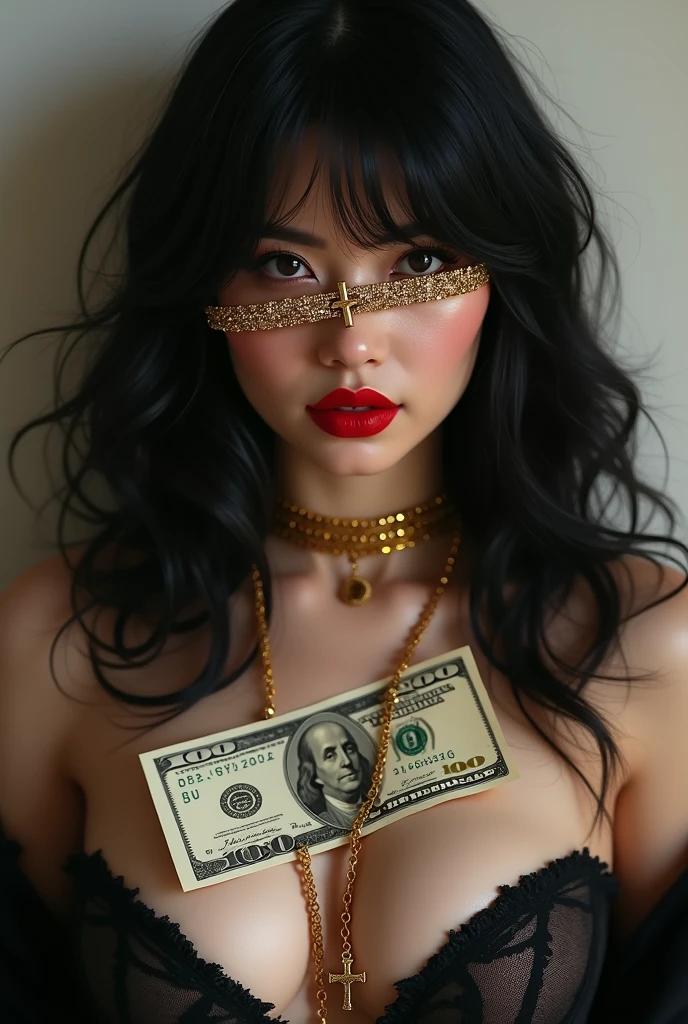 Beautiful woman with red lips, black hair and big boobs with a gold rosary necklace covering her eyes with a 100 dollar bill 