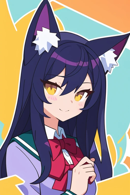 (การออกแบบแบบแonๆ,hyper cute girl:1.0125),(Assorted colors,vector art,Outline,:1.3401), (best quality), (Masterpiece), incredible_nonsense, Highly detailed, Exquisite rendering, illustration, (height), manuscript, (turn off_on:1.2), (turn off shot), (a young woman:1.3) is  [[A serious expression on his face.]],
(cat ears) (purple hair) (yellow eyes) (School uniform) (Cool and handsome hairstyle) (school background)