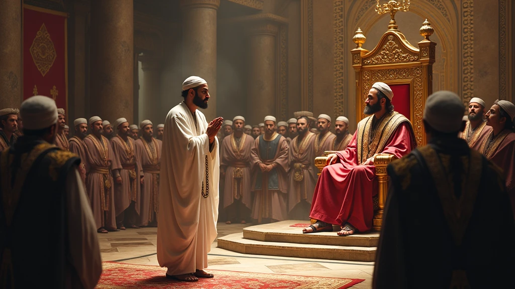 depicting a Muslim leader, robed in white, standing calmly in chains before a stern-looking king seated on a high throne. The room is filled with onlookers, including guards and scholars, all watching intently. The leader’s expression is one of quiet dignity, and his hands are clasped in a sign of peace.