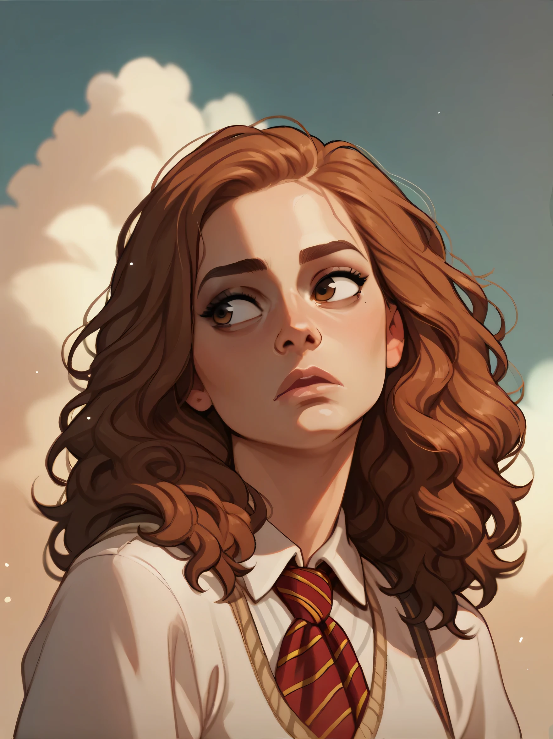 score_9, score_8_up,score_7_up, score_6_up, score_5_up, score_4_up, woman, best quality, highres, portrait, solo, beautiful, long red hair, brown eyes, makeup, lips, hermione granger, looking to the sky, dreaming, eyes clothed