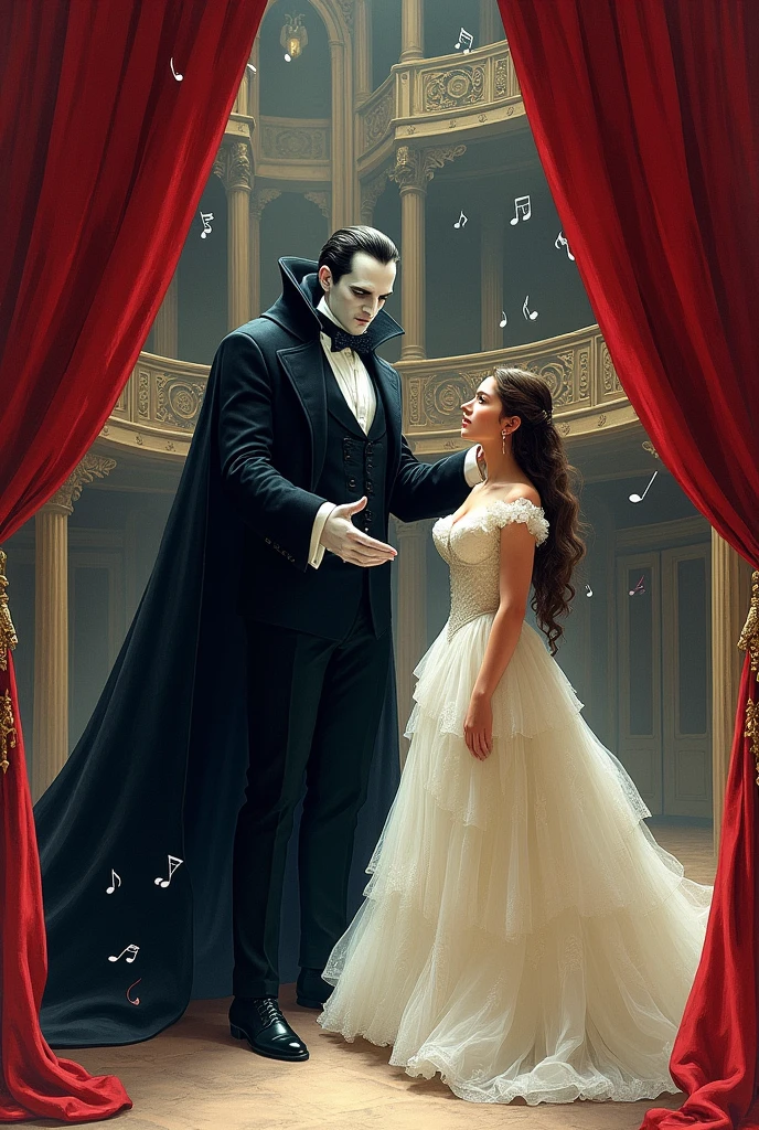 A cover of the book “the phantom of the opera” that has a border related to a red theater curtain and in the background the architecture of the place is shown, include musical notes and in the foreground the ghost is shown manipulating the girl. Let everything be drawing mode 