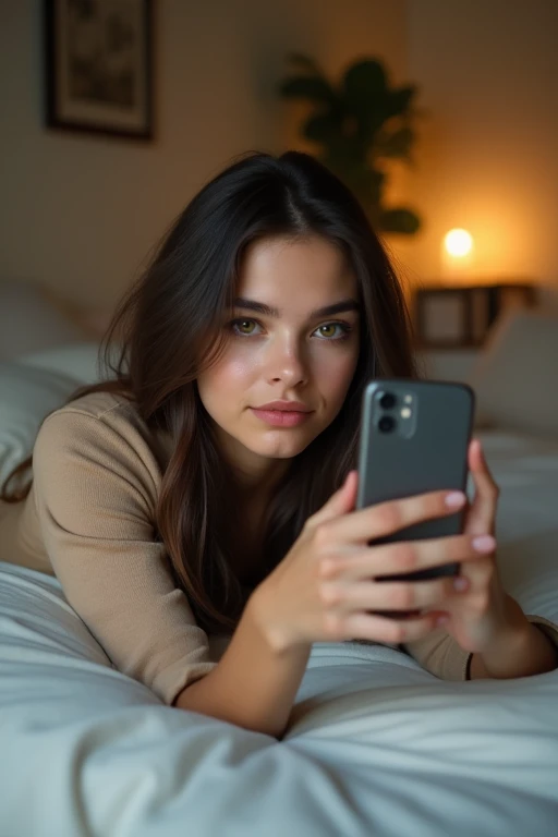 recreer une image de la fille a partir du prompt negatif avec les meme traits de visage mais allongé sur son lit en prenant un selfie d'elle