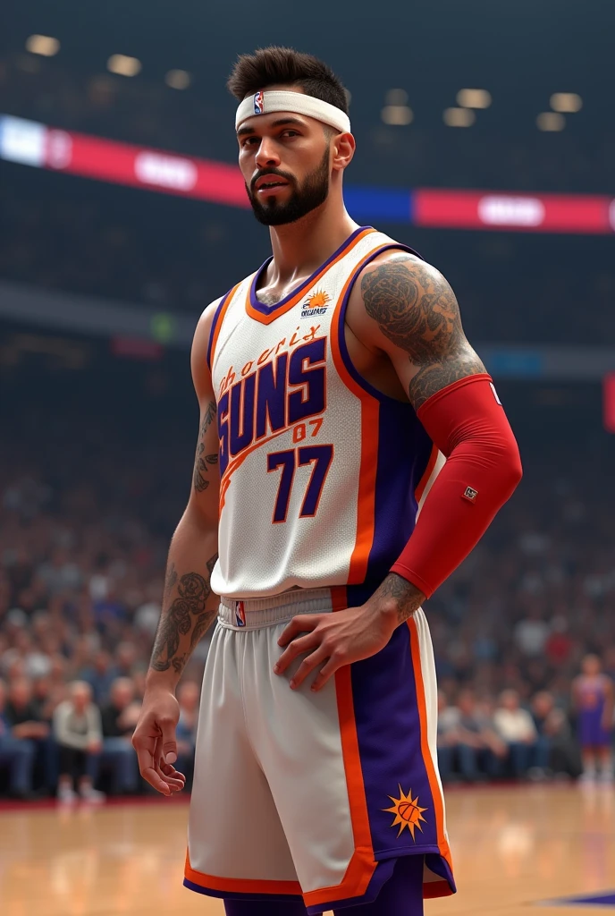 basketball player, time é o Phoenix Suns, USA Sleeve, Cao Cao, wears a headband, fade hair, pitcher, Number 77