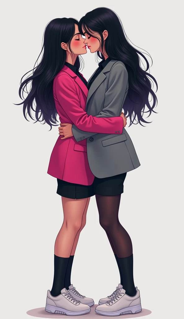 Two young womens long black hair, yuri, same height.
The first young women wear a hot pink suit jacket, The second young women wore a grey suit jacket, they are wearing the black shirts, black pencil skirts, black underpants, long black tights, black socks, white sneakers.
french kiss, lesbian kiss, huggings, sensual bodies, closed eyes, used one hand lift up the black pencel skirt, light grey background, cartoon novel, 4K, HD