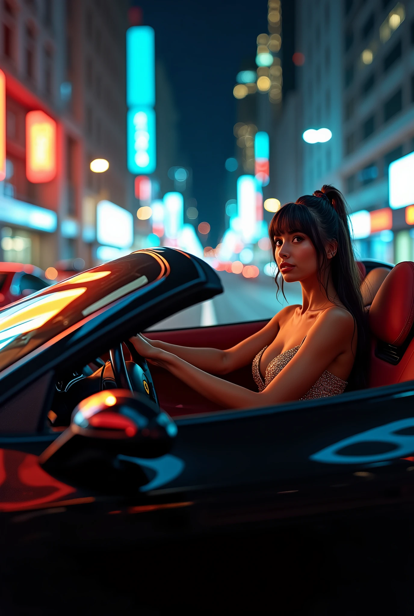 Envision a glamorous night where a beautiful woman, donned in a shoulder-less party dress with clip-in bangs and a great physique, takes the wheel of a sleek Black Ferrari. Navigate through the vibrant city streets, alive with people and framed by towering skyscrapers. Capture the moment from a high-angle perspective, directly above and in front of the woman, as she confidently drives the open-roof Ferrari. The city lights cast a shimmering glow, reflecting on the car's polished surface, while the bustling street below sets the stage for an unforgettable night. Craft a real-life scene in high-definition, emphasizing the fusion of elegance, power, and urban allure. This prompt invites you to create a visually stunning tableau of a woman in her element, driving through the city in style under the midnight lights.


