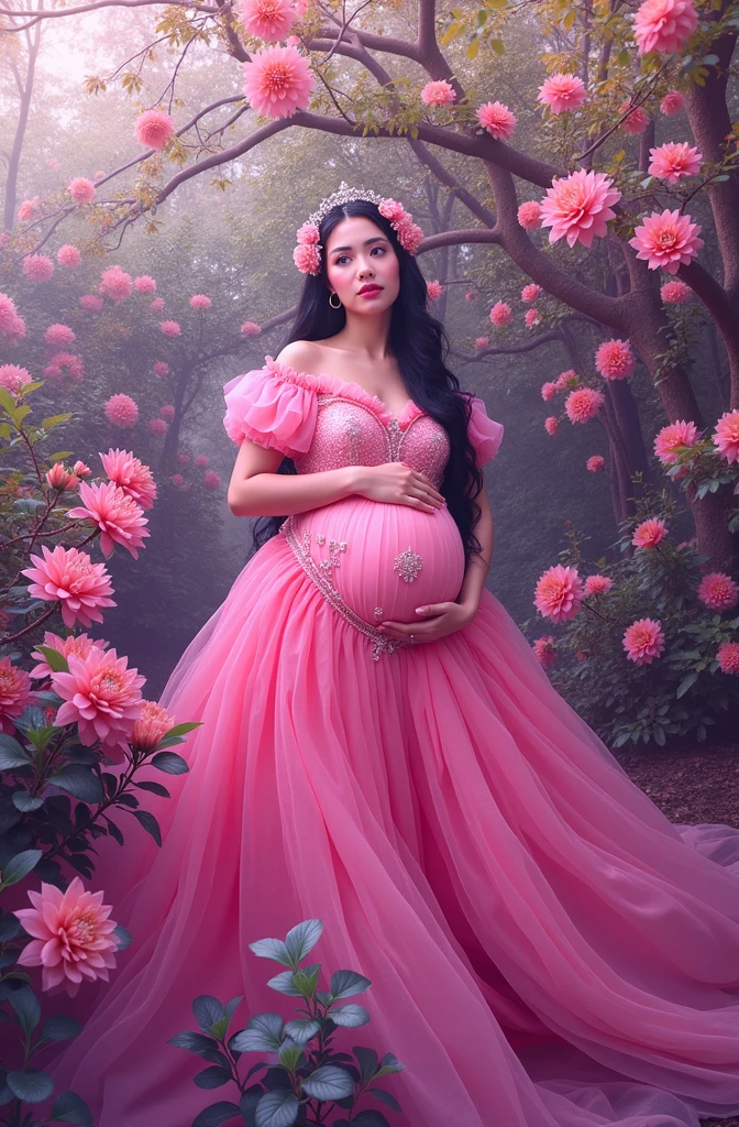 pregnant woman in pink dress standing in front of flowers, a colorized photo by Elena Guro, pexels, baroque, dressed in a pink dress, wearing pink floral gown, in pink forest, maternal photography 4 k, brilliant pink ball gown, wearing organza gown, queen of flowers, covered with flowers, fantasy photoshoot, * colour splash *