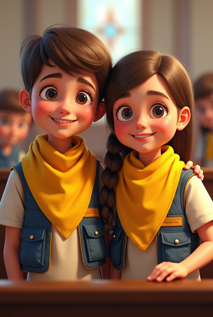 Create two pathfinder children with their Seventh-day Adventist Church Yellow Handkerchief Happy