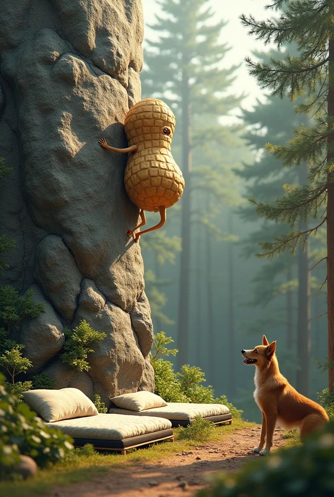 Une cacahuète qui escalade un très grand rocher dans une foret de pins avec 2 matelas
Un berger australier (chien) assis qui le regarde.