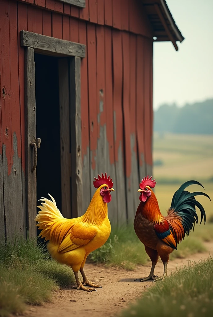 Generate me an image of a yellow leg and a brown rooster watching the barn