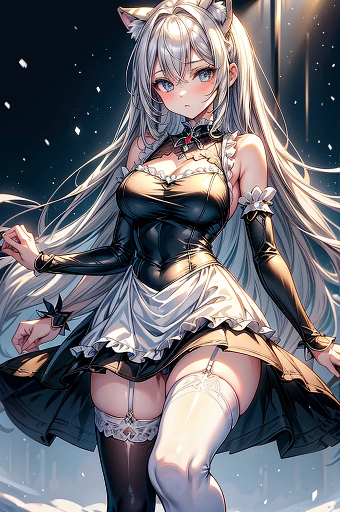 highest quality, ultra high resolution, super detailed, gorgeous, masterpiece, best quality, high resolution finely detailed, extremely beautiful, distinct image, hourglass figure, 1 girl, 2, soft and beautiful facial features, symmetrical face, piercing blue eyes, innocent doe shaped eyes, DD-cup breasts, tall height(190cm), slim and slender curvy body, athletic and flexible physiques, flowing snow-white hair, narrow waist, long legs, modern times background, snow-white skin, hip-level shot, snow-white feline tiger ears, white striped tiger tail protruding out her back, simple sleeveless black frilly dress, white waist apron
