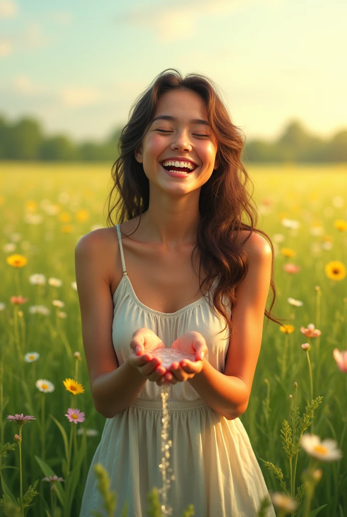 Happy young woman washing in the field