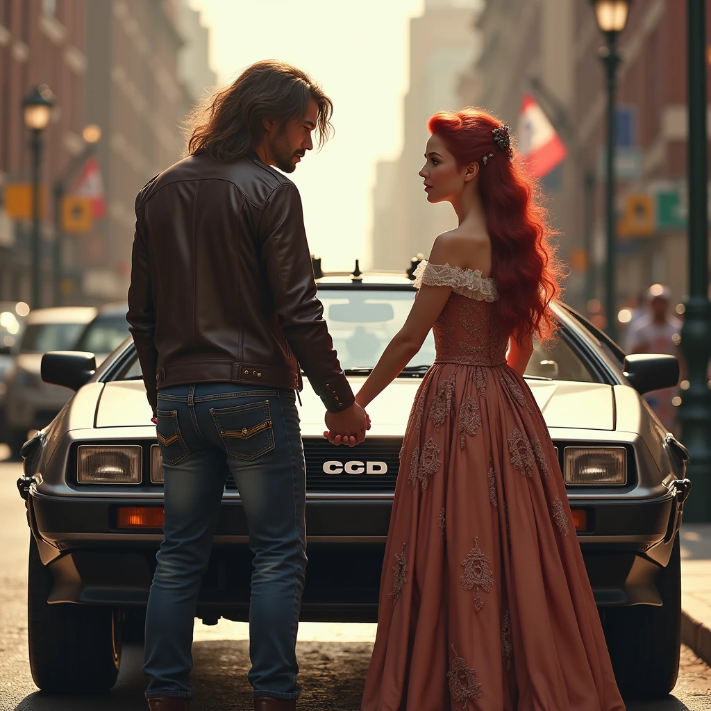 image of a couple of people from different eras, The man has long hair down to his back dressed as a rockstar holding hands with a beautiful redhead in an elegant 19th century dress, next to the Delorean from back to the future on a street. 