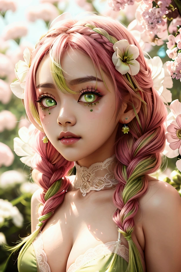 Convert your flower art into illustration.、Create backgrounds with vibrant colors and unique touches The type of flower is statice、Gypsophila、sweet pea、Mix in some lace flowers, big breasts, cleavage, pink hair, green eyes, (green highlights), green braids, standing, contrapposto, sexy pose, thick thighs, thigh highs, lingerie, arms resting behind, ulzzang, big green sparkling eyes like gemstones,