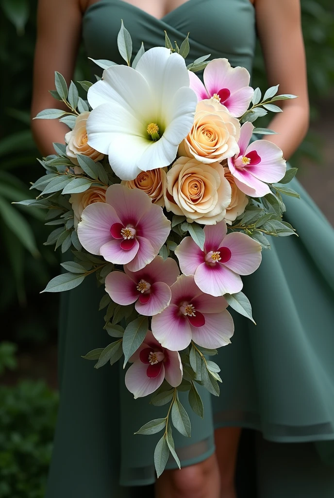 cascade bridal bouquet, con Eucalyptus polyanthemos, white snapdragon (big), several roses (soft cream color almost white) and 4 pink cymbidium orchids