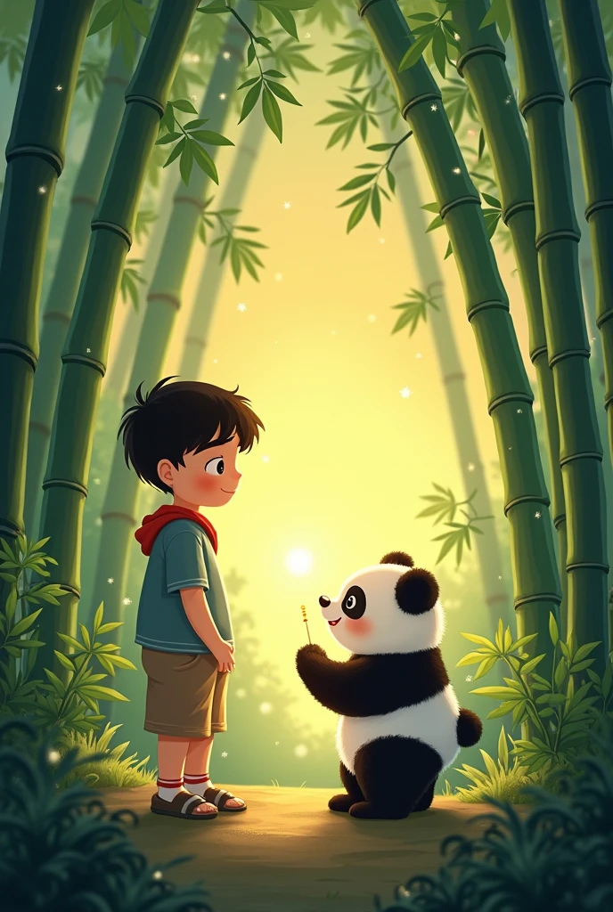Once upon a time, there was a named Kai who lived near a magical bamboo forest. One day, Kai stumbled upon a baby panda lost in the forest. The baby panda, whom Kai named Pandy, was adorable but scared.
Kai gently approached Pandy, offering some juicy bamboo shoots. Pandy's eyes lit up, and a friendship blossomed. They played hide-and-seek among the bamboo trees, giggling and chasing each other.
As the sun set, Kai and Pandy cuddled up, watching the stars twinkle above. From that day on, Kai and Pandy became inseparable friends, exploring the wonders of the bamboo forest together, their laughter echoing through the trees.