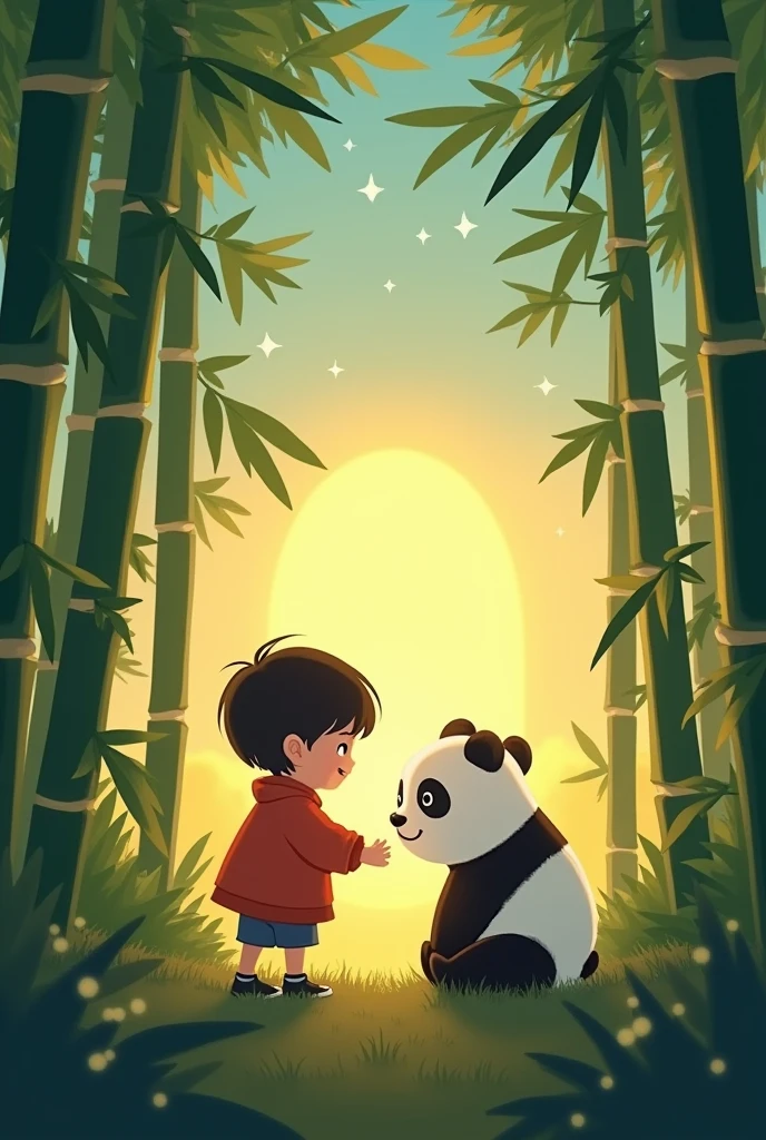 Once upon a time, there was a named Kai who lived near a magical bamboo forest. One day, Kai stumbled upon a baby panda lost in the forest. The baby panda, whom Kai named Pandy, was adorable but scared.
Kai gently approached Pandy, offering some juicy bamboo shoots. Pandy's eyes lit up, and a friendship blossomed. They played hide-and-seek among the bamboo trees, giggling and chasing each other.
As the sun set, Kai and Pandy cuddled up, watching the stars twinkle above. From that day on, Kai and Pandy became inseparable friends, exploring the wonders of the bamboo forest together, their laughter echoing through the trees.