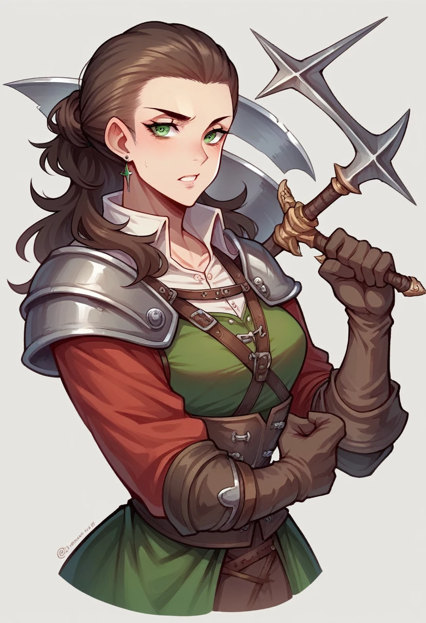 Clara, a young woman aged 20, with short dark brown hair slicked back, green eyes, athletic build (168 cm, 59 kg), featuring her weapons, daggers, in a heroic medieval fantasy setting,