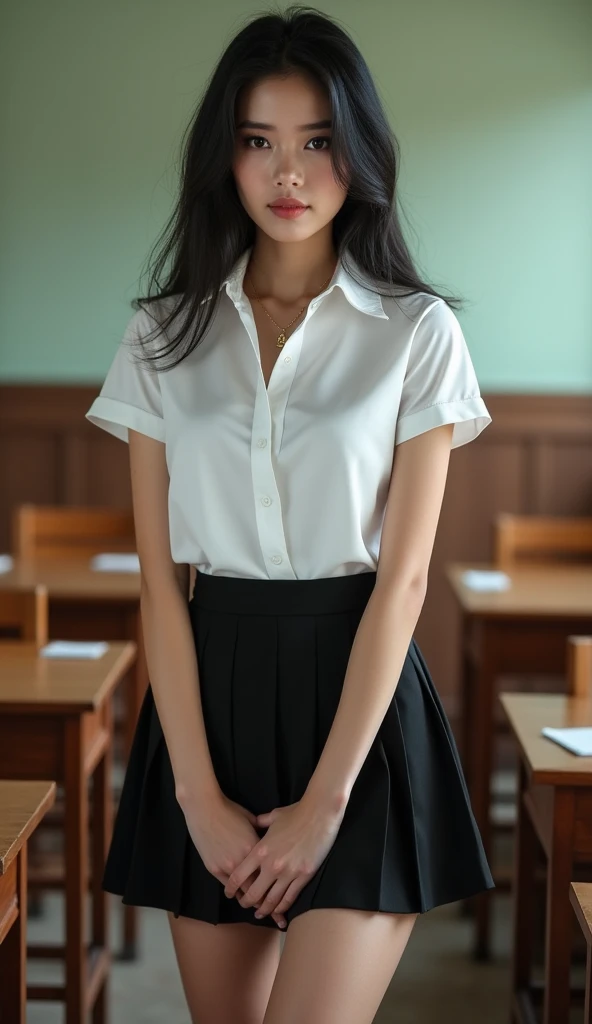 Beautiful girl with smooth skin, black hair, dark eyeshadow, gold pendant (beautiful bra, C shape), wearing a Thai student uniform, a white short-sleeved shirt, a black short skirt, a tight fit, standing and posing in a classroom. The background is a classroom, student desks and chairs. The most realistic picture.