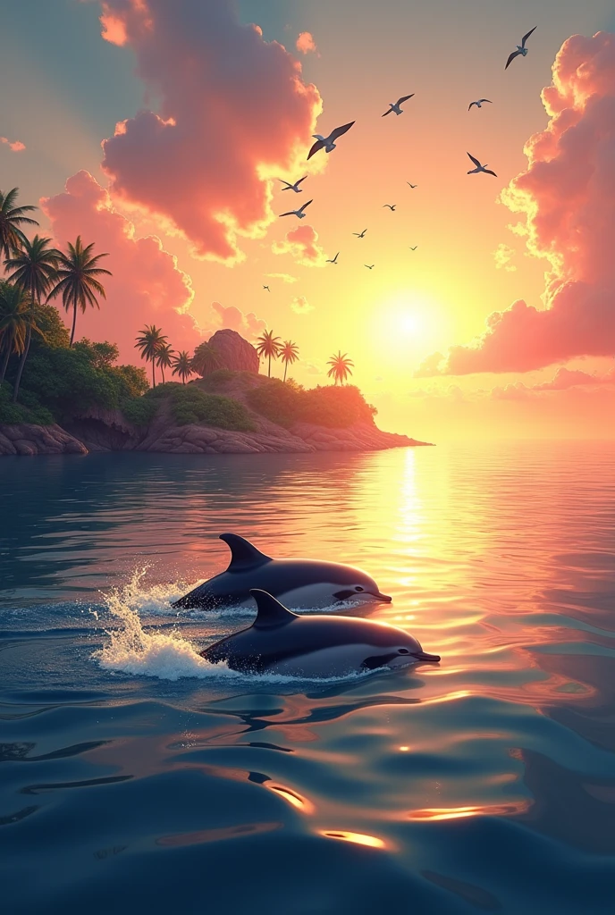 A SUNSET ON AN ISLAND IN FRONT OF THE SEA WITH DOLPHINS IN THE WATER AND SEAGULLS IN THE SKY
