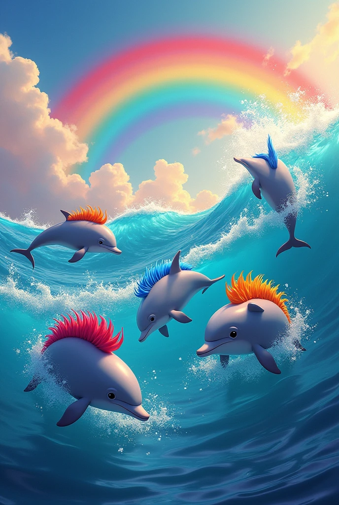 Dolphins with men's hairstyle with colorful background and rainbow jumping in the sea.