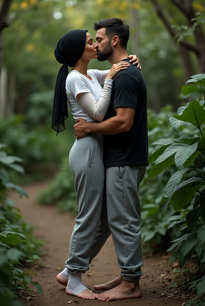 with black headscarf, white long sleeve t shirt, grey sweatpants, white socks, Sexy woman without shoes kissing a man in the garden.