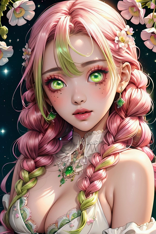 Convert your flower art into illustration.、Create backgrounds with vibrant colors and unique touches　The type of flower is statice、Gypsophila、sweet pea、Mix in some lace flowers, big breasts, cleavage, pink hair, green eyes, (green highlights), green braids, standing, contrapposto, sexy pose, thick thighs, thigh highs, lingerie, arms resting behind, ulzzang, big green sparkling eyes like gemstones,
