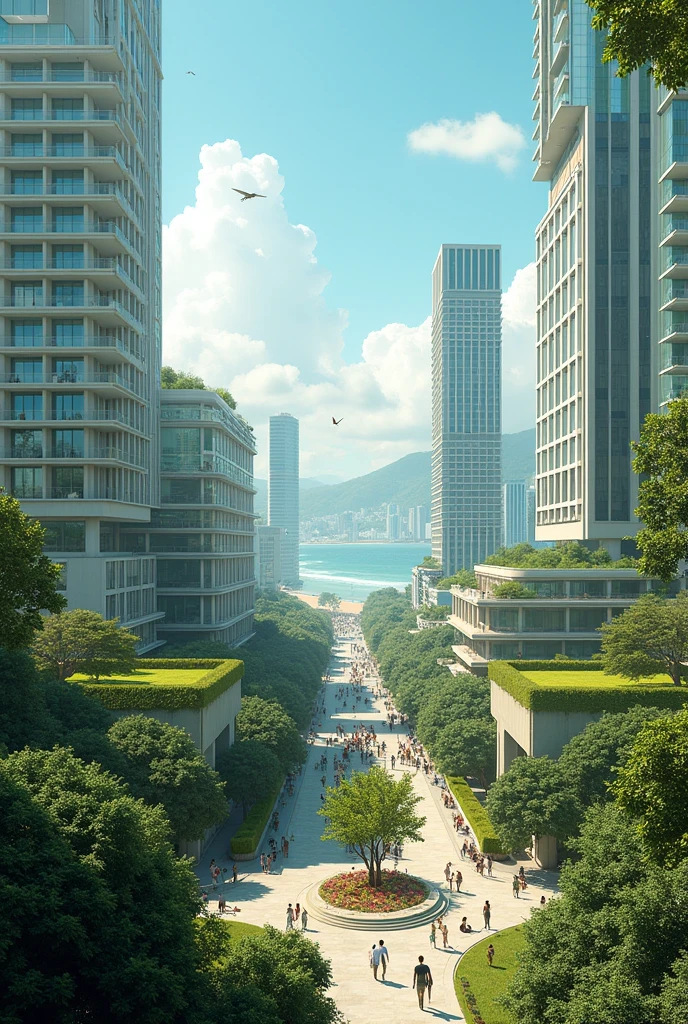 a tecnological brasilian city, with a lot of vegetation, where everyone cares about sustainability, permeable building facade, using the ideology from the book "city of tomorrow", the buildings should have a modernist parede of 1950 until 1950 style, full of green areas, with polution, with poverty, on a sunny day, where every citizan use the public transportation, realistic image , tiny buildings and a beach

