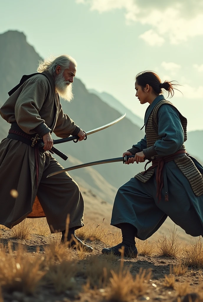 Old man katana fighting a samurai and winning with ease