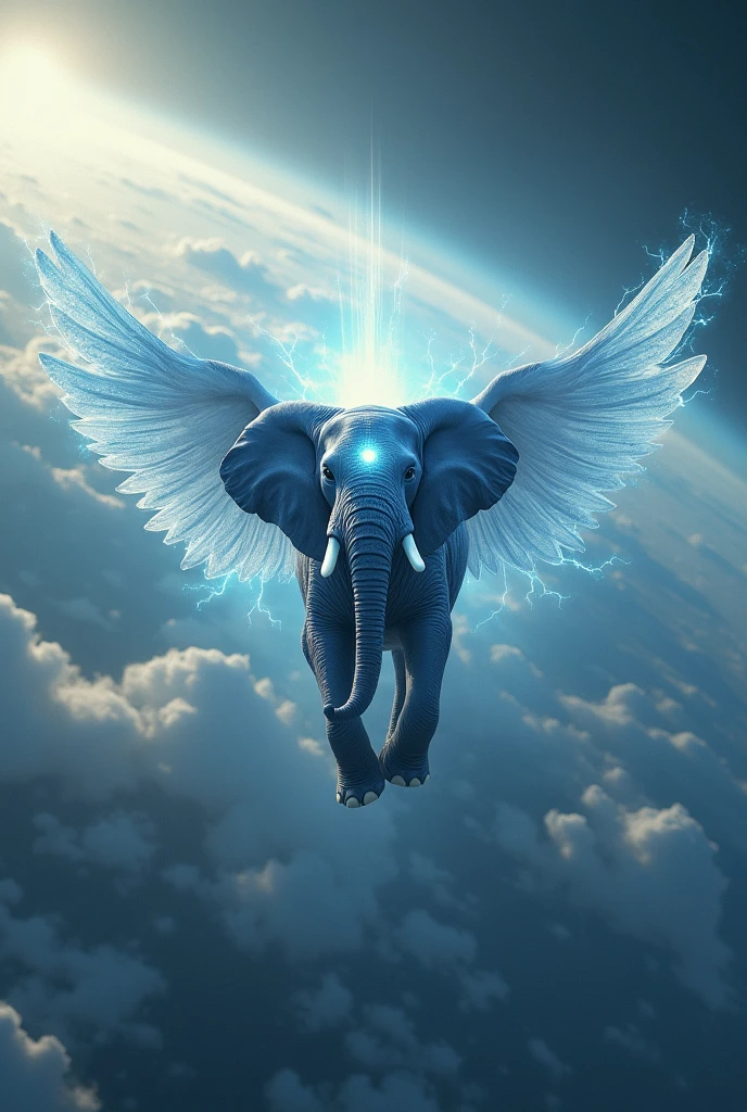 Mystical elephant with super powers flying above the earth
