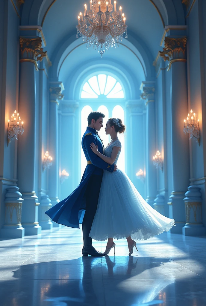 couple dancing ballet of prince charming and cinderella blue