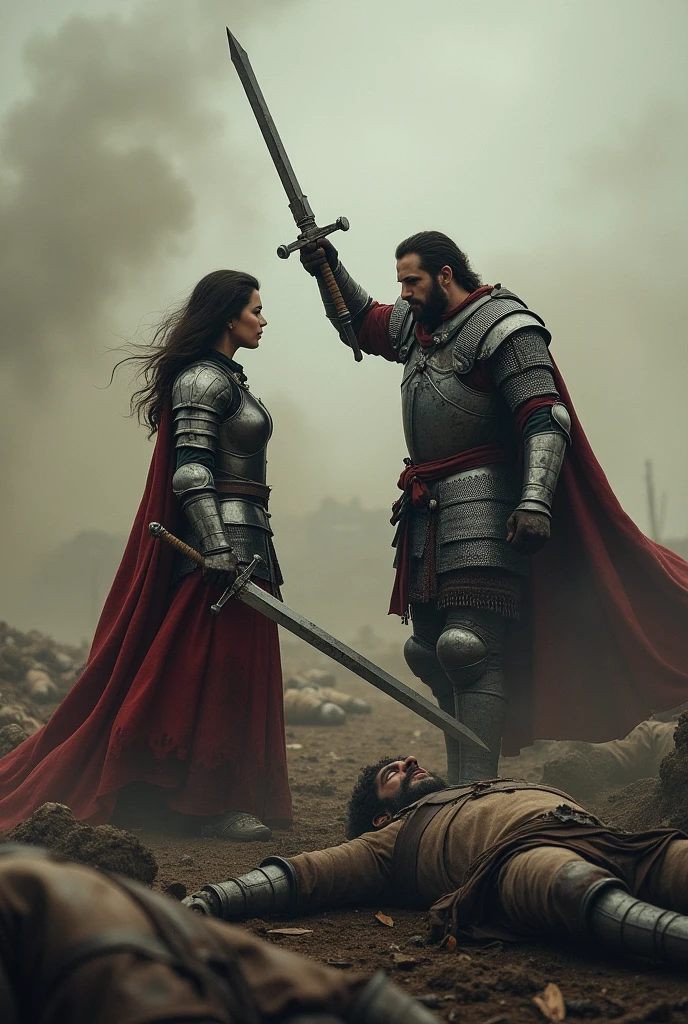 Create a woman against a man on the medieval battlefield, with several bodies on the floor