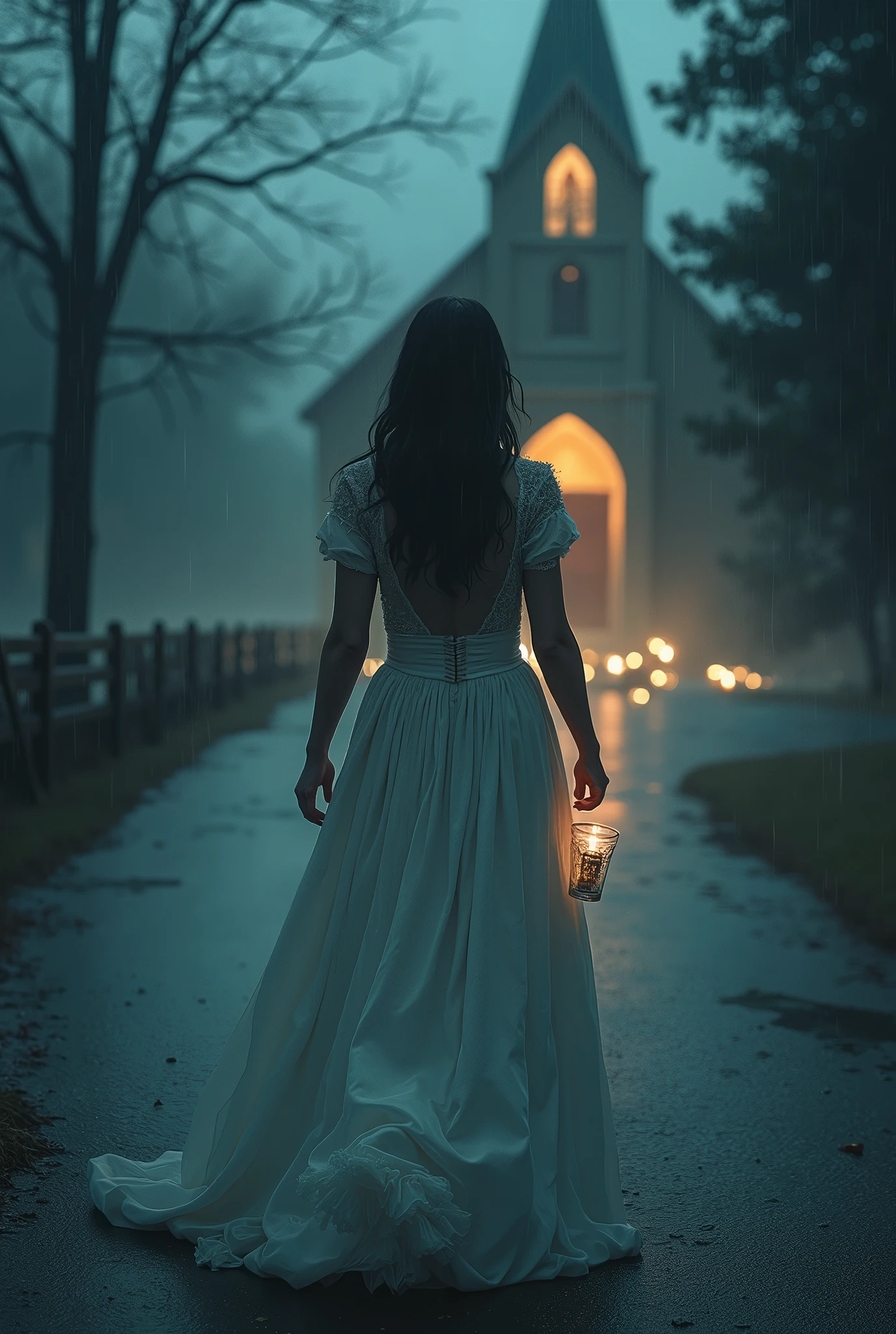 cold and stormy night , bride going to the church door to get married , Climate of terror , candle light , bridal gown , horror film