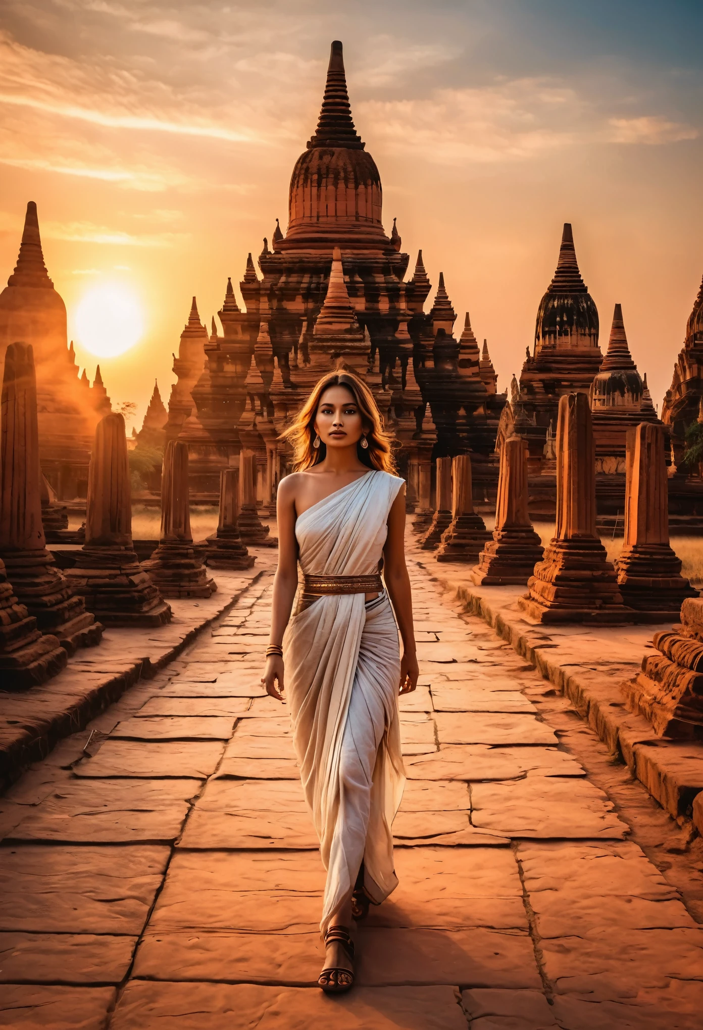 Beautiful roman godess walking in the ancient Bagan city, hyper realistic, sunset, detailed, temples in Bagan, cinematic,