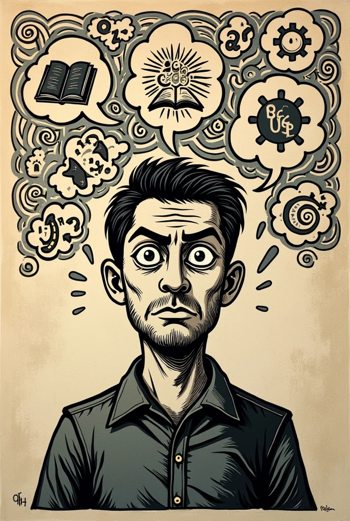 A man with a confused expression and some thought bubbles representing the different academic genres. Ugly art in the cordel style/woodcut.