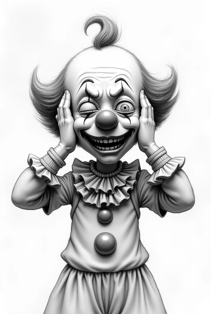  image of a clown in black and white with a pencil sketch style ,
 covering his ears with his hands