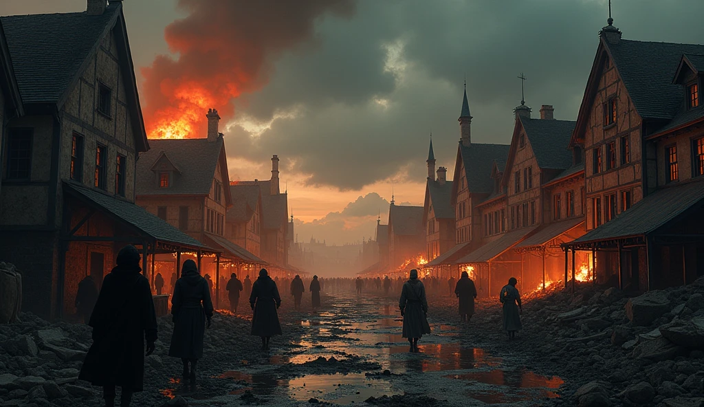 A dramatic illustration capturing a small medieval French town ravaged by the Hundred Years' War. The scene reveals crumbling buildings and smoldering ruins, with smoke and flames rising from the remnants of homes and market stalls. Civilians, some in tattered clothing, wander amidst the devastation, their faces etched with fear and despair. The dark, oppressive sky and flickering firelight create a stark contrast with the shadowed figures of townsfolk. The scene is bathed in a somber, cinematic light, enhancing the brutal impact of the conflict on medieval urban life. The intricate, evocative style of Edmund Blair Leighton lends a poignant, atmospheric quality, underscoring the suffering and chaos wrought by war., Surrealism, Hyperrealism, UHD, retina, masterpiece, accurate, anatomically correct, textured skin, super detail, best quality, 16k