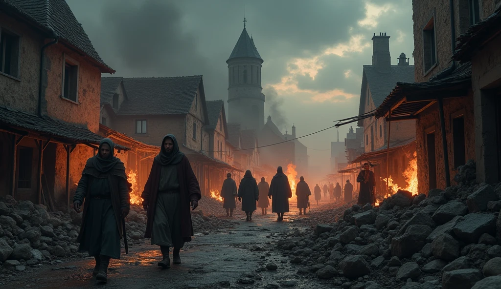 A dramatic illustration capturing a small medieval French town ravaged by the Hundred Years' War. The scene reveals crumbling buildings and smoldering ruins, with smoke and flames rising from the remnants of homes and market stalls. Civilians, some in tattered clothing, wander amidst the devastation, their faces etched with fear and despair. The dark, oppressive sky and flickering firelight create a stark contrast with the shadowed figures of townsfolk. The scene is bathed in a somber, cinematic light, enhancing the brutal impact of the conflict on medieval urban life. The intricate, evocative style of Edmund Blair Leighton lends a poignant, atmospheric quality, underscoring the suffering and chaos wrought by war., Surrealism, Hyperrealism, UHD, retina, masterpiece, accurate, anatomically correct, textured skin, super detail, best quality, 16k