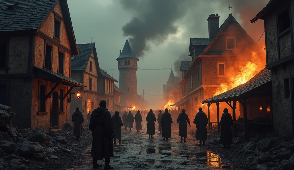 A dramatic illustration capturing a small medieval French town ravaged by the Hundred Years' War. The scene reveals crumbling buildings and smoldering ruins, with smoke and flames rising from the remnants of homes and market stalls. Civilians, some in tattered clothing, wander amidst the devastation, their faces etched with fear and despair. The dark, oppressive sky and flickering firelight create a stark contrast with the shadowed figures of townsfolk. The scene is bathed in a somber, cinematic light, enhancing the brutal impact of the conflict on medieval urban life. The intricate, evocative style of Edmund Blair Leighton lends a poignant, atmospheric quality, underscoring the suffering and chaos wrought by war., Surrealism, Hyperrealism, UHD, retina, masterpiece, accurate, anatomically correct, textured skin, super detail, best quality, 16k